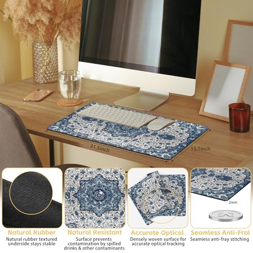 Blue Boho Texture Desk Mat Large Mouse Pad Gaming Mousepad 31.5 x 15.8 in | Desk Pad for Keyboard and Mouse, Large Non-Slip Rubber Base Mousepad Desk Mat with Stitched Edges for Gaming Office - color: Blue Boho Rug Texture