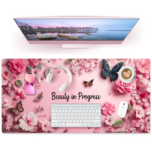 PU Leather Desk Mat Blotter,Cute Pink Desk Mat for Office, Home,School,Keyboard,Mouse,15.7"x31.5" Large Non-Slip Writing Mat with Travel Storage Strap, Waterproof Easy to Clean (Pink Butterfly) - style: Pink Butterfly