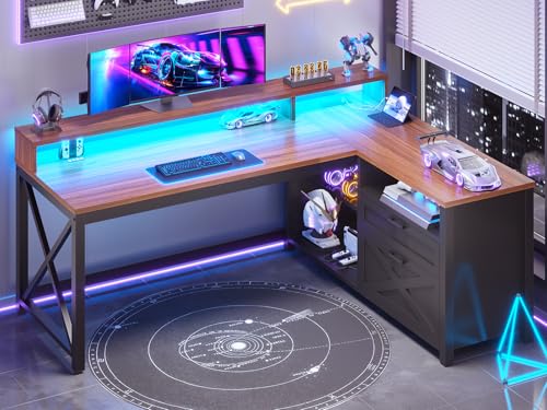 SEDETA L Shaped Gaming Desk with Drawers, 55" Farmhouse Computer Desk with File Drawer and Storage Shelves, Corner Gaming Desk with LED Lights and Monitor Shelf, Black and Brown - color: Black and Brown
