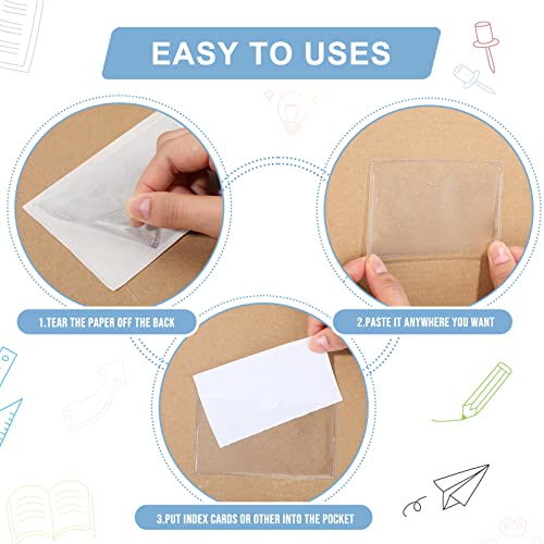 Outus 100 Pcs 4.1 x 2.5 Inch Clear Self Adhesive Pockets - Bin Labels for Storage Bins, Pocket Label Sleeves, Plastic Index Card Holder with Top Open for Organizing Bins Box Drawer - size: 4.1 x 2.5 Inch