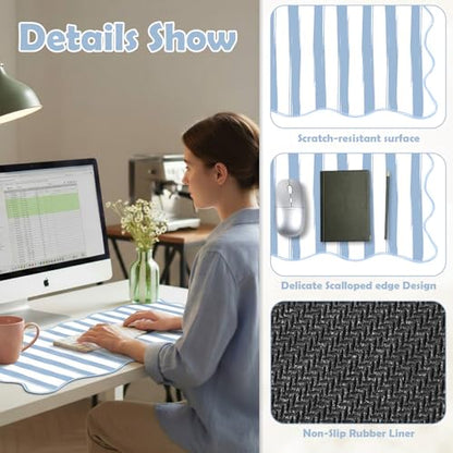 Copkim 1 Pcs Blue Scalloped Striped Desk Mat 31.5 x 11.8 Inch Large Cute Mouse Pad Computer Mat Non Slip Waterproof Rubber Base with Border Stitching Soft Keyboard Pad for Home Office Gaming Makeup - color: Blue, style: Strip