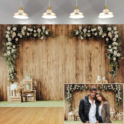 Wedding Wood Wall Backdrop 7x5ft Vinyl Rustic Floral Wood Reception Ceremony Photography Background Wedding Party Decorations Bride Shower Banner Photo Props Wallpaper - color: Taupe, size: 7x5ft