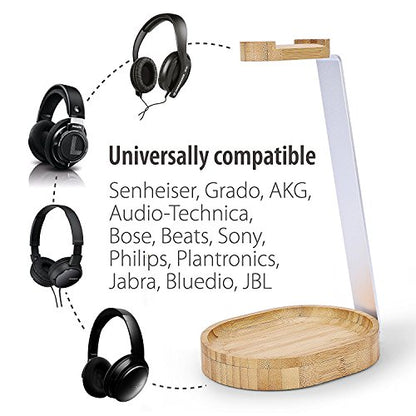 Avantree TR902 - Universal Wooden & Aluminum Headphone Stand Hanger with Cable Holder, Sturdy Desk Headset Mount Rack