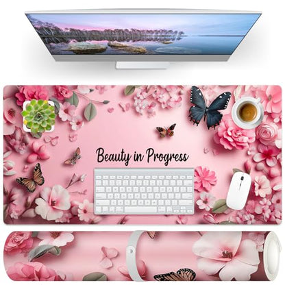 PU Leather Desk Mat Blotter,Cute Pink Desk Mat for Office, Home,School,Keyboard,Mouse,15.7"x31.5" Large Non-Slip Writing Mat with Travel Storage Strap, Waterproof Easy to Clean (Pink Butterfly) - style: Pink Butterfly