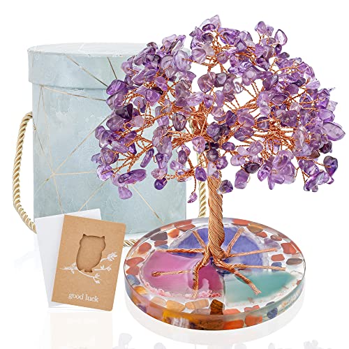 ZenBless 7 Chakra Healing Crystal Stones Tree, Amethyst Leaf Wire Wrapped on Natural Agate Slice Base, Home Decor Desk Room Feng Shui Wealth Luck Spritual Gifts for Valentine's Day Birthday Women - color: Purple