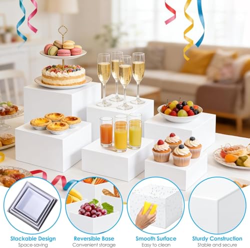 6 Pcs Acrylic Buffet Risers, 3x4x5x6x7x8 Inch Food Risers for Buffet Table, Catering Dessert Cake Holder for Party, Collectibles Jewelry Display Shelf, Stackable Cube Boxes Display with Hollow Bottoms