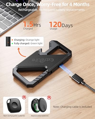 Keychain, Works with Apple Find My, Heavy Duty Keychain Bottle Opener, Carabiner Car Key Chains for Men & Women, Car Key Fob Holder, Anti-Lost Keys Tracker, Smart Keys Finder, Rechargeable, Black - color: Black