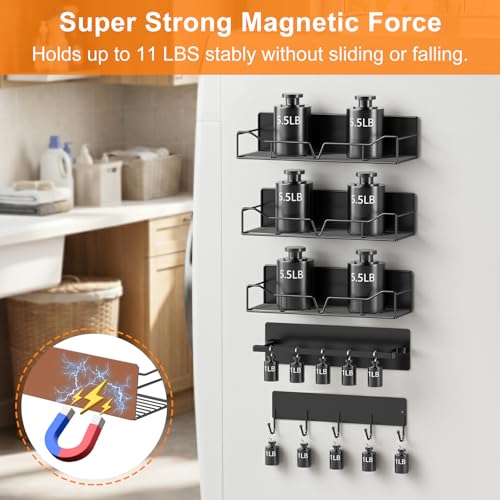 5 Pack Magnetic Shelves for Washing Machine Heavy Duty Magnetic Laundry Organizer with Hooks Metal Washing Machine Storage Shelves for Refrigerator, Washer, Kitchen, Laundry Room Organization (Black)
