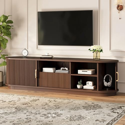 Walnut Rustic TV Stand with Sliding Wood Doors - 75" TV Media Console