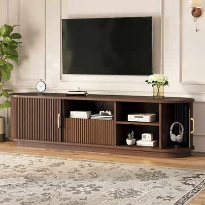 Walnut Rustic TV Stand with Sliding Wood Doors - 75" TV Media Console