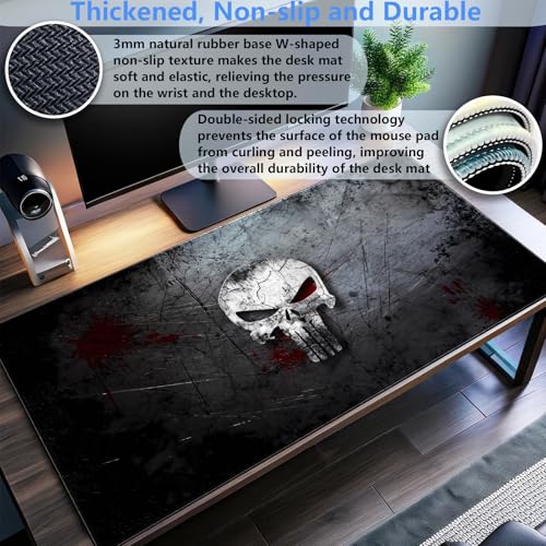 Extended Gaming Mouse Pad XL Cool Skull Desk Pad Mat 31.5x15.7in 31.5x15.7 | Heavy-duty 3mm thick XL desk mat with an artistic cool skull print and anti-slip rubber base for work or gaming. - color: Cool Skull