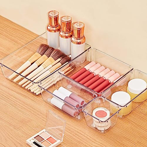 SMARTAKE 22-Piece Drawer Organizer with Non-Slip Silicone Pads, 5-Size Clear Desk Drawer Organizer Trays Storage Tray for Makeup, Jewelries, Utensils in Bedroom Dresser, Office and Kitchen, Clear - size: 22 PCS