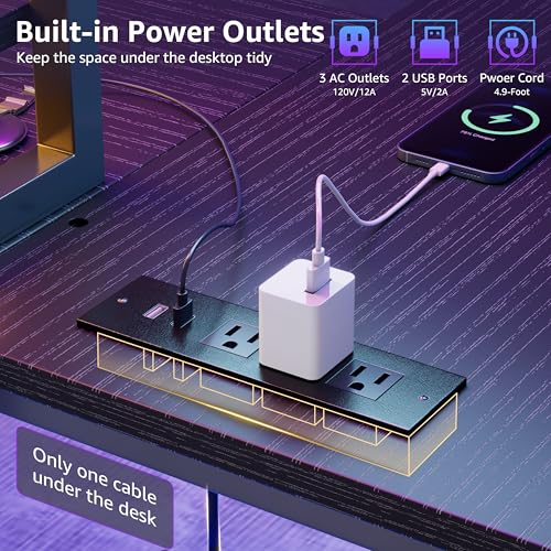 L Shaped Gaming Desk with Shelves - 48 inch Corner Computer Desks with Storage Hutch Shelf Reversible Pegboard Led Lights Power Outlets PC Monitor Stand for Bedroom, Black