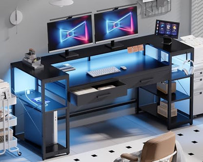 Pamray 58 Inch Computer Desk with Monitor Stand and Shelves Gaming Desk with LED Lights & Power Outlets PC Vanity Table with 2 Drawers for Home Office Black - color: Black