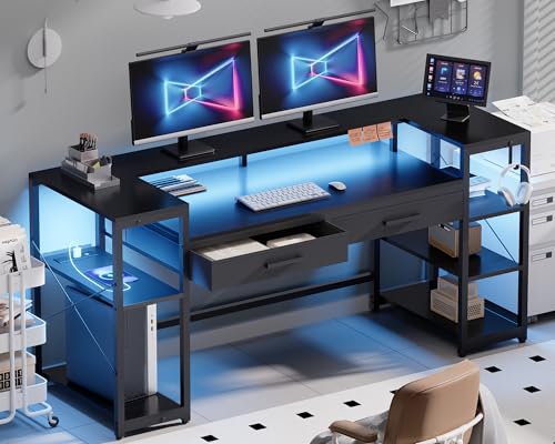Pamray 58 Inch Computer Desk with Monitor Stand and Shelves Gaming Desk with LED Lights & Power Outlets PC Vanity Table with 2 Drawers for Home Office Black - color: Black