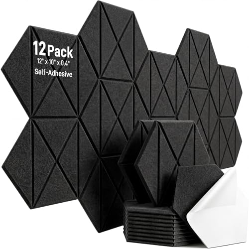 12 Pack Hexagon Acoustic Panels, 12" x 10" x 0.4" X-Lines Design Self-Adhesive Soundproof Wall Panels, High-Density Sound Absorbing Panels for Recording Studio, Home Office, Gaming Room, Black - color: X-Lines - Black, size: Hexagon - 12 Pack