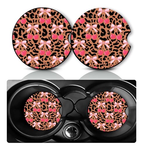 2 Pack Cheetah Cherry Car Cup Holder Coasters Neoprene Anti Slip Rubber Mat | Leopard Cherry Car Accessories Decor 2.75" Universal Size Insert Auto Coasters Cherrys Gifts for Women Men - color: Cheetah Cherry