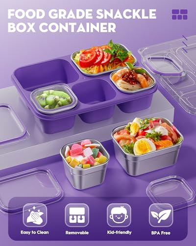 BiuLeon Snackle Box Containers, Stainless Steel 5 Compartments Divided Serving Tray with Lid, Removable LeakProof Portable Bento Box for Fruit Candy Nuts Food - School, Picnic and Travel（Purple） - color: Purple