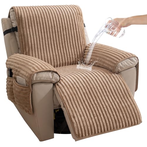 HAOMAIJIA Faux Fur Recliner Chair Covers Non-Slip Waterproof Recliner Covers That Stay in Place Warm Thick Lazy Boy Recliner Cover for Dogs Furniture Protector Pet Friendly (Khaki, 28'') - color: Khaki, size: 28''