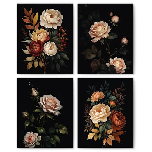 FITIE Moody Vintage Rose Floral Wall Art Posters Set of 4, Floral Room Decor, Dark Cottagecore Rustic Botanical Rose Flower Canvas Prints Artwork Wall Decor for Home Bedroom, 8x10 Unframed - color: Home Wall Art 13