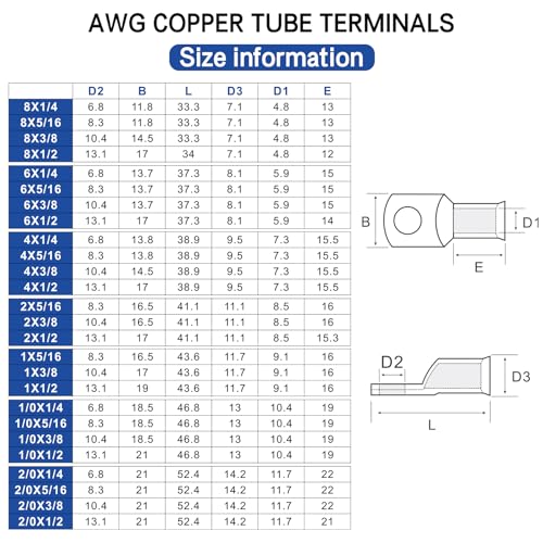 XHF 100PCS 2/0 AWG-3/8 Heavy Duty Battery Lugs with 3:1 Heat Shrink Tubing, Ring Terminals Battery Cable Ends Copper Eyelets Electrical Battery Connectors - size: 2/0AWG-3/8"-100PCS