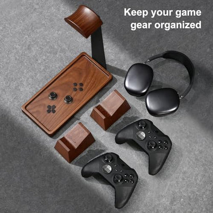 UPERGO Headset Stand with 2 Controller Holders - Solid Wood & Metal Gaming Headphone Holder for Switch, Controllers, and Desk Accessories (Wood) - color: Wood