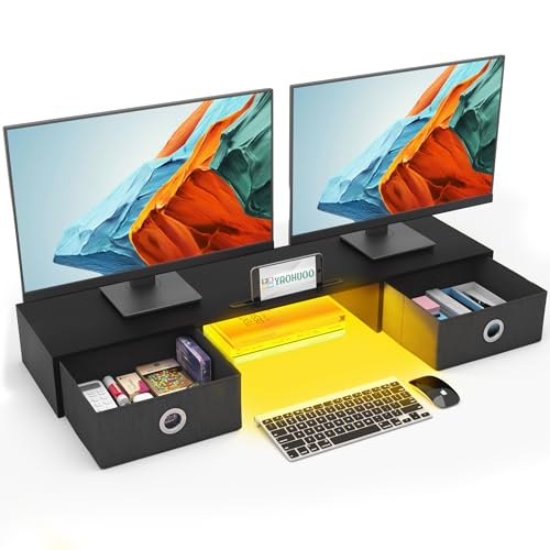 YAOHUOO Dual Monitor Stand with LED Light 2 Drawers, Computer Monitor Riser for 2 Monitors, Large Desktop Organzier with Storage for PC/Laptop/Computer/TV Screen/Printer - color: Black