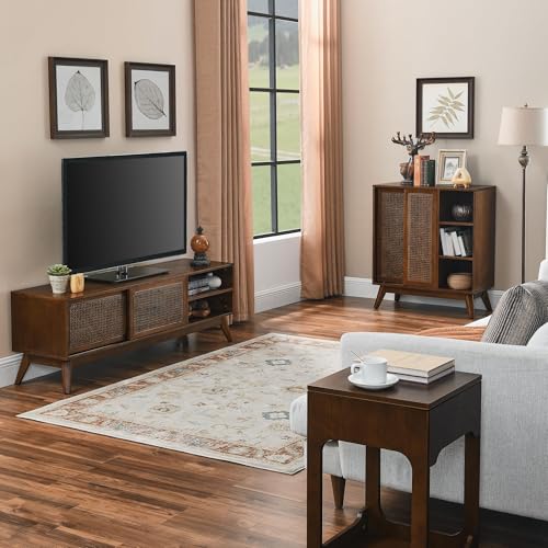 LKTART Boho Mid Century TV Stand,59" Rattan Entertainment Center,Media Console with Solid Wood Legs,Adjustable Feet & Divided Storage,TV Cabinet for 65 Inch TV,Dark Walnut - color: 59" Dark Walnut