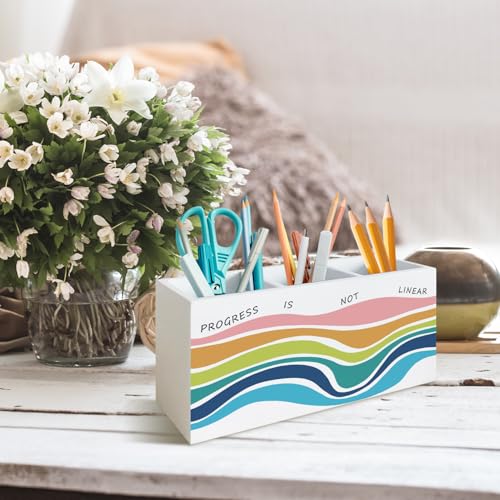 Abstract Mental Health Pen Holder for Desk,Progress Is Note Linear Inspirational Wooden Box Sign Desk Decor for College Girls Dorm Home Decoration,Mental Health Pencil Organizer,Therapist Gifts - color: Abstract
