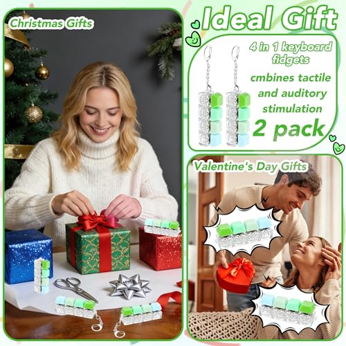2 PCS 4-in-1 Keyboard Fidget Toy Keychain, Finger Clicky Button Toy Stress Relief Keychain with Swappable Keycaps, Mini Mechanical Key Fidget for Office Desk Focus Gifts (Mix Green) - color: Mix Green