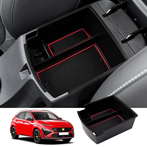 SKTU for 2018 2019 2020 2021 2022 2023 Hyundai Kona Center Console Organizer Insert ABS Black Materials Tray 2023 Kona OS Armrest Box Glove Secondary Storage Box with Coin and Glass Holder (Red) - color: for 2018-2023 Kona Red