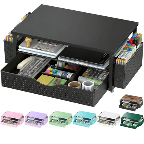 Spacrea Desk Organizer and Accessories, Computer Monitor Stand Riser with Drawer and 2 Pen Holders, Office Desk Accessories & Workspace Organizers for Office Supplies (Black) - color: Black
