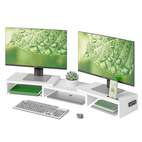 BONTEC Dual Monitor Stand Riser, Adjustable Length & Swivel Angle, Ergonomic Wooden Desktop Organizer with Smartphone Holder, Computer Monitor Stand for PC Monitor, Laptop, Printer, Large Storage - color: White