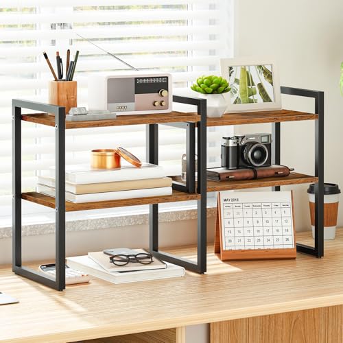 HOOBRO Desk Shelf Organizer, Adjustable Desktop Bookshelf, 2-Tier Shelf for Top of Desk, Wooden Office Storage Rack, for Office, Study, Kitchen, Dorm, Rustic Brown and Black BF39SJ01 - color: Rustic Brown + Black