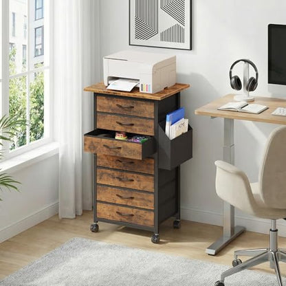 HIGDBFE 7 Fabric Drawers File Cabinet with Side Pocket, Rolling Printer Stand with Storage for Home Office, Wood Top Storage Cabinet for Documents and Crafts, Rustic Brown, 15" D - size: 15"D (7 Drawers)