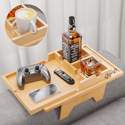 Bestjing Bamboo Couch Cup Holder Tray - 2 in 1 Couch Armrest Table with Be Slide-Away Detachable Double Holder - Sofa Armchair Caddy for Drinking Snacks iPad TV Remote - color: Bamboo, size: 13.8" x 9.5" x 2.4"