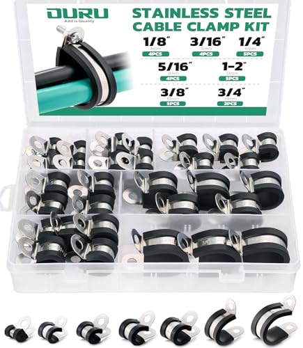 OURU 30PCS Cable Clamps Assortment Kit,7 Sizes—1/8" 3/16" 1/4" 5/16" 3/8" 1/2" 3/4" Stainless Steel Rubber Coated Cushioned Insulated Cable Clamp,Automotive Wire Pipe Clamps - size: 30pcs - 1/8", 3/16", 1/4", 5/16", 3/8", 1/2", 3/4"