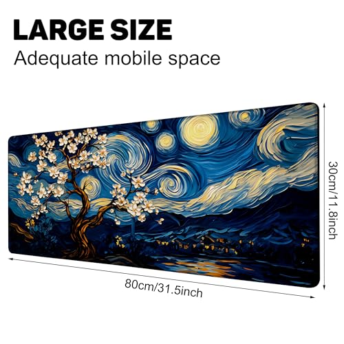 Starry Night Over A Blossom Tree Gaming Mouse Pad Large Desk Mat Extended Keyboard Anime Mousepad with Non-Slip Base and Stitched Edge for Desk Home Office Gaming,31.5 x 11.8 Inch - color: Starry Night over A Blossom Tree, size: 11.8*31.5inch