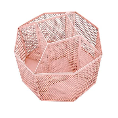 Annova Mesh Desk Organizer Rotate with 5 Compartments Spinning Tidy Candy/Pen Holder Office, Art Supply, Storage, Classroom, Home (Light Pink) - color: Light Pink