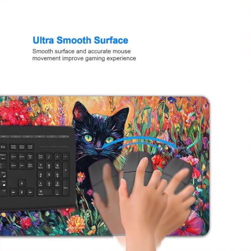 Black Cat Desk Mat Vibrant Wildflower Garden Colorful Fantasy Art XL Mouse Pad Large Mousepad Extended Laptop Keyboard Mat Gaming Desk Pad Mouse Mat 31.5x11.8 Inch - color: Black Cat