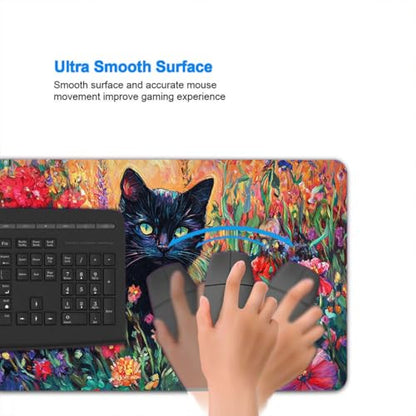 Black Cat Desk Mat Vibrant Wildflower Garden Colorful Fantasy Art XL Mouse Pad Large Mousepad Extended Laptop Keyboard Mat Gaming Desk Pad Mouse Mat 31.5x11.8 Inch - color: Black Cat