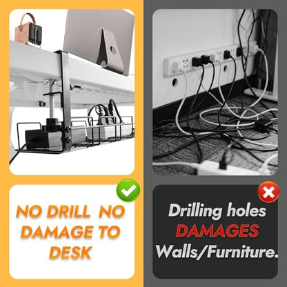 Under Desk Cable Management Tray No Drill 2pack Kit- 15.7'' Long 5.1'' Wide Tray, Steel Cord Organizers, 4 Cable Holder, 12 Roll Cable Organizer Straps, No Drill, No Damage to Desk(Black)