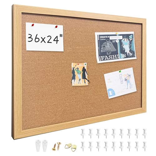 Cork Bulletin Board, 36x24 Inches Hanging Cork Board Wooden Framed with Pins for Wall, Dorm Room, Office, Home Decor – Natural Cork & Black Frame - color: Crude, size: 24" x 36"