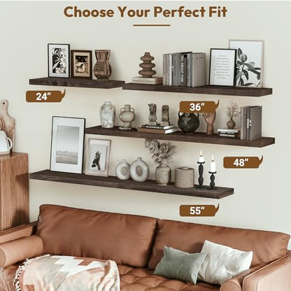 Flat Edge Elm Wood Floating Shelf with Invisible Bracket 48”American Walnut - color: American Walnut, size: 48”,set of 1