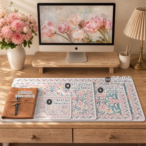 iCasso Aesthetic Floral Desk Mat, L Mouse Pads, Anti-Slip Mousepad with Stitched Edges, Waterproof Computer Pad 11.8"x31.5", Desk Accessories Office Decor for Women(Pink Floral) - color: A-pink Floral, size: 31.5L x 11.8W inches