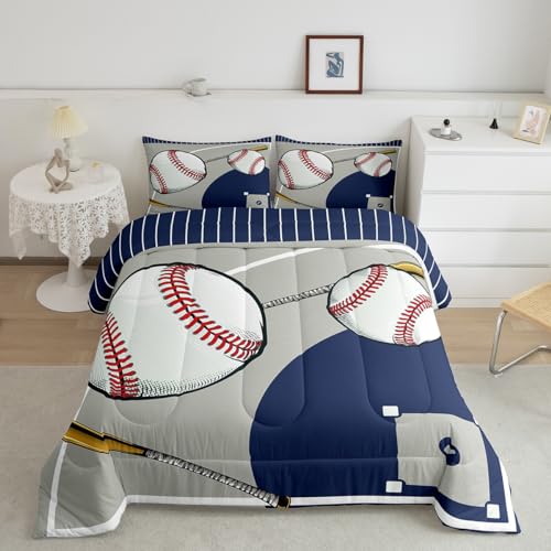 jejeloiu Baseball Comforter Set Twin Size Kids Baseball Court Comforter for Boys Girls Teens Gaming Sports Bedding Set Breathable Sports Theme Blue Gray Duvet Set Room Decor Quilt Set - color: Multi 02, size: Twin