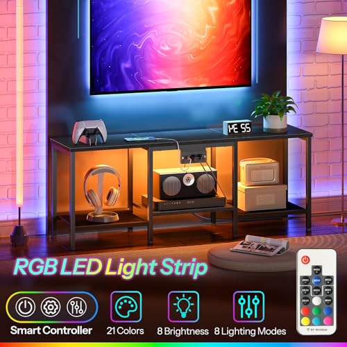 HOOBRO TV Stand with Charging Station to 55 Inches, LED Entertainment Center, Media TV Console Table with Open Storage Shelving for Living Room, Bedroom, Black BB122UDDS01 - color: Black