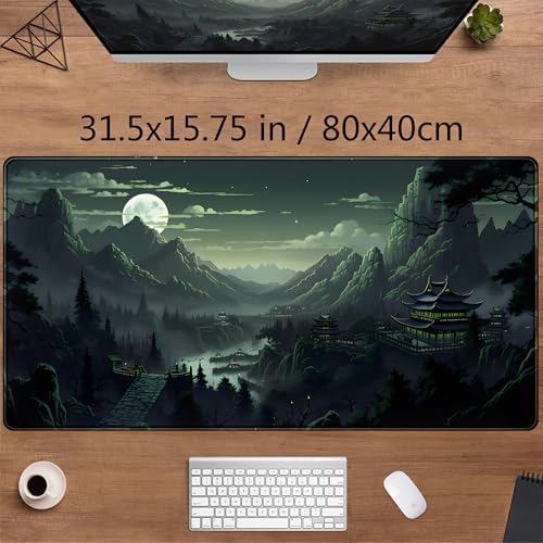 XXL Large Gaming Mouse Pad Anime Green Moon Mountains Desk Mat, Desk Decor Mousepad Computer Mat, Non-Slip Rubber Base Desk Pad, Laptop Keyboard and Mouse Mat with Stitched Edges, 31.5x15.75 in - color: Green Moon Mountains