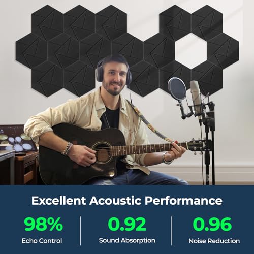 12 Pack Hexagon Acoustic Panels, 12" x 10" x 0.4" High-Density Sound Proof Panels for Walls, Self-Adhesive Acoustic Wall Panels for Studio, Home, Office, Black - color: Triangular grooves - Black, size: Hexagon - 12 Pack