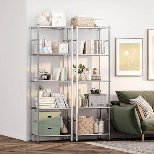 Sakugi Storage Shelves - Set of 2, 5-Tier Metal Shelf Organizer, Space-Saving Garage Shelving with Leveling Feet, Standing Shelves Organizer for Kitchen, Laundry, Pantry (18.4"x12.6"x57.4", Silver) - color: Silver, size: 18.4W×12.6D×57.4H(5T)